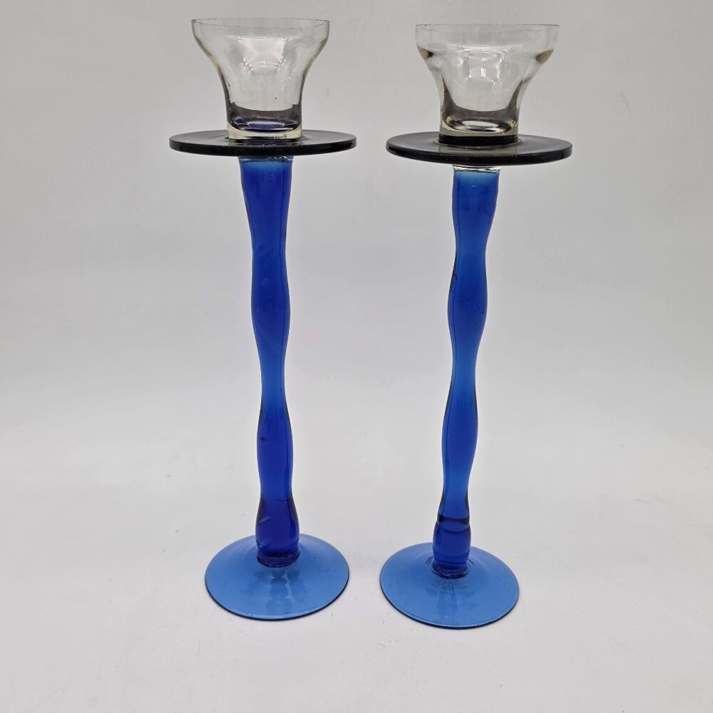 Pair Of Art Glass Candle Holders Multi Colors Twisted Stem Handmade 9.5"